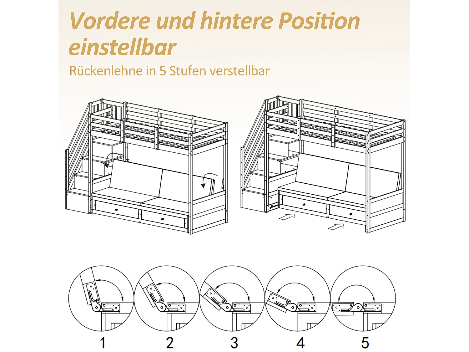 Loft bed 90 x 200 cm with convertible sofa and 2 drawers - Solid wood and MDF - Ladder with storage - White (Mattress not included)