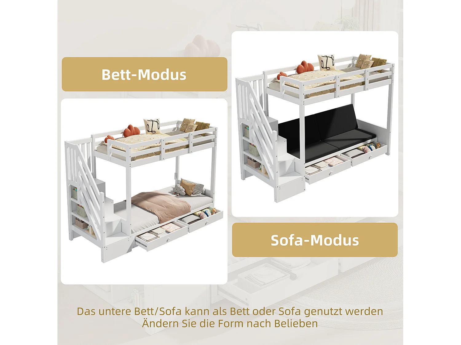 Loft bed 90 x 200 cm with convertible sofa and 2 drawers - Solid wood and MDF - Ladder with storage - White (Mattress not included)