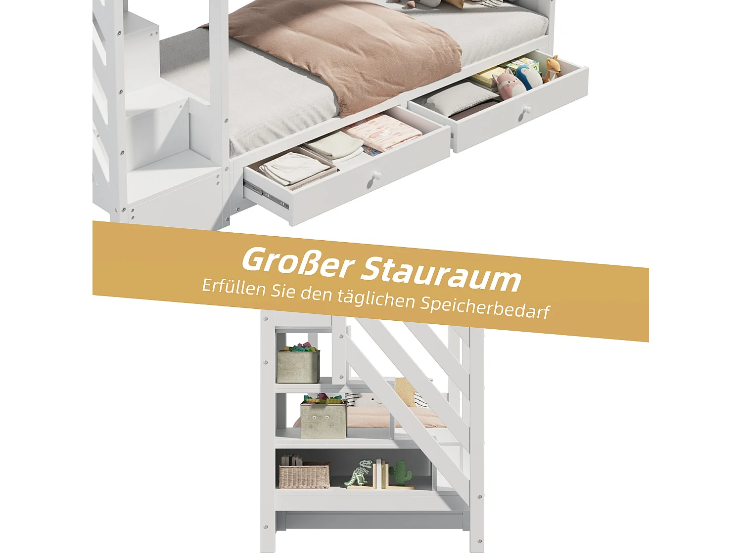 Loft bed 90 x 200 cm with convertible sofa and 2 drawers - Solid wood and MDF - Ladder with storage - White (Mattress not included)