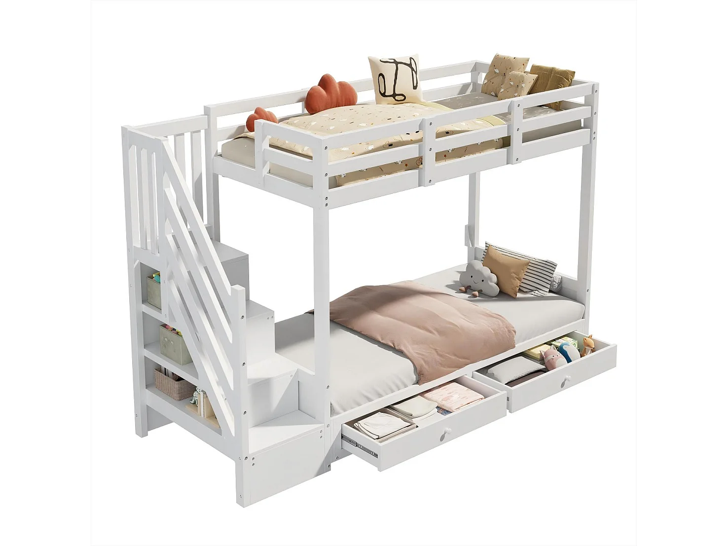 Loft bed 90 x 200 cm with convertible sofa and 2 drawers - Solid wood and MDF - Ladder with storage - White (Mattress not included)