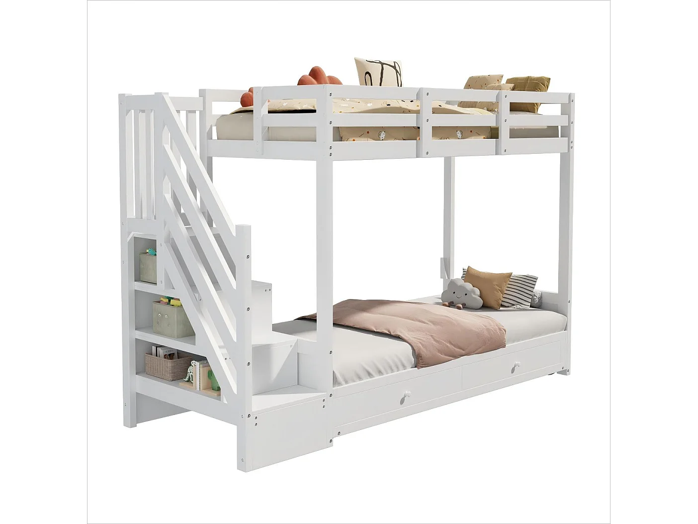 Loft bed 90 x 200 cm with convertible sofa and 2 drawers - Solid wood and MDF - Ladder with storage - White (Mattress not included)