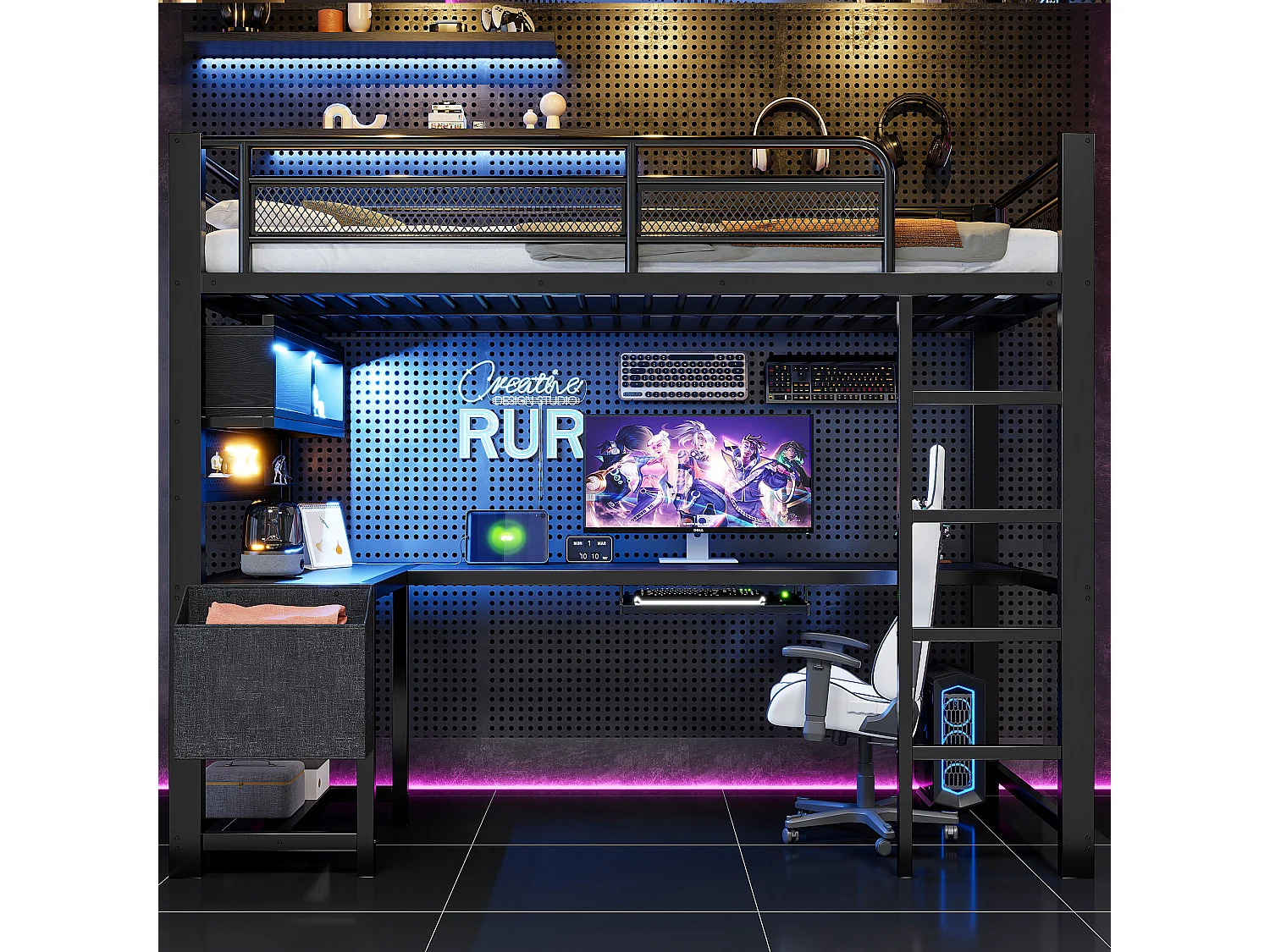90 x 200 cm loft bed with corner desk, storage, LED lighting, sockets and USB ports - MDF and metal - Black (mattress not included)