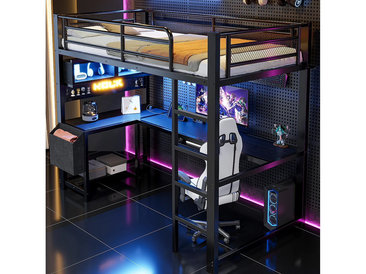 90 x 200 cm loft bed with corner desk, storage, LED lighting, sockets and USB ports - MDF and metal - Black (mattress not included)