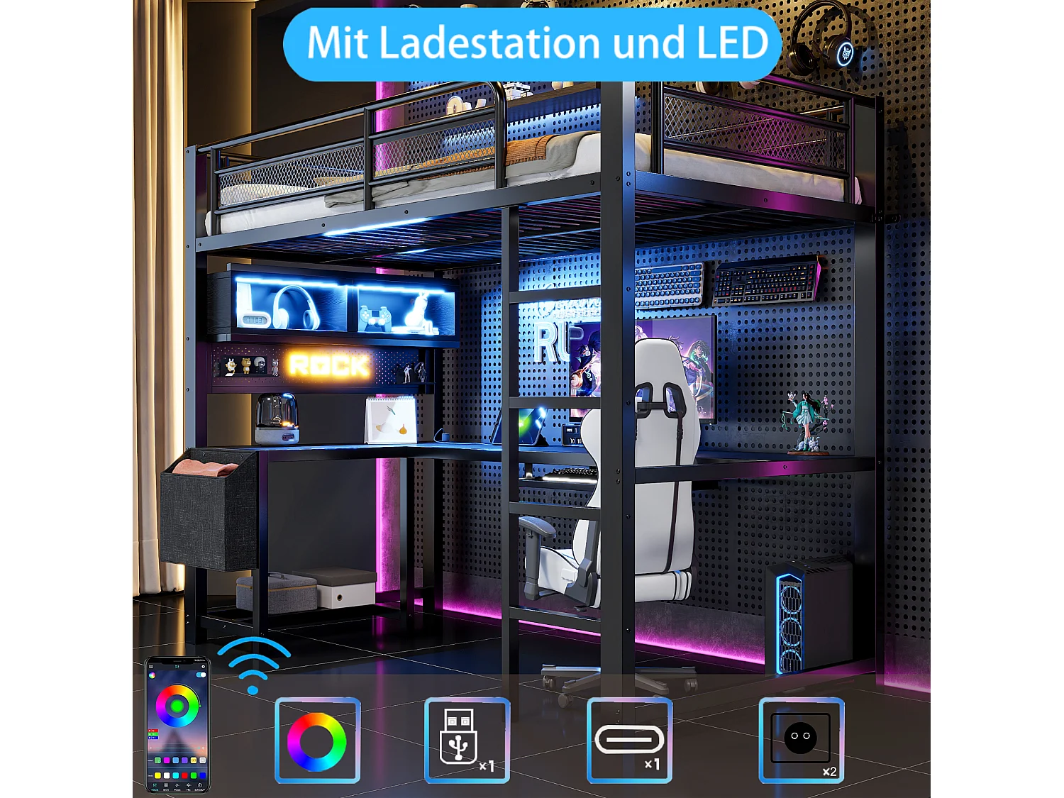 90 x 200 cm loft bed with corner desk, storage, LED lighting, sockets and USB ports - MDF and metal - Black (mattress not included)