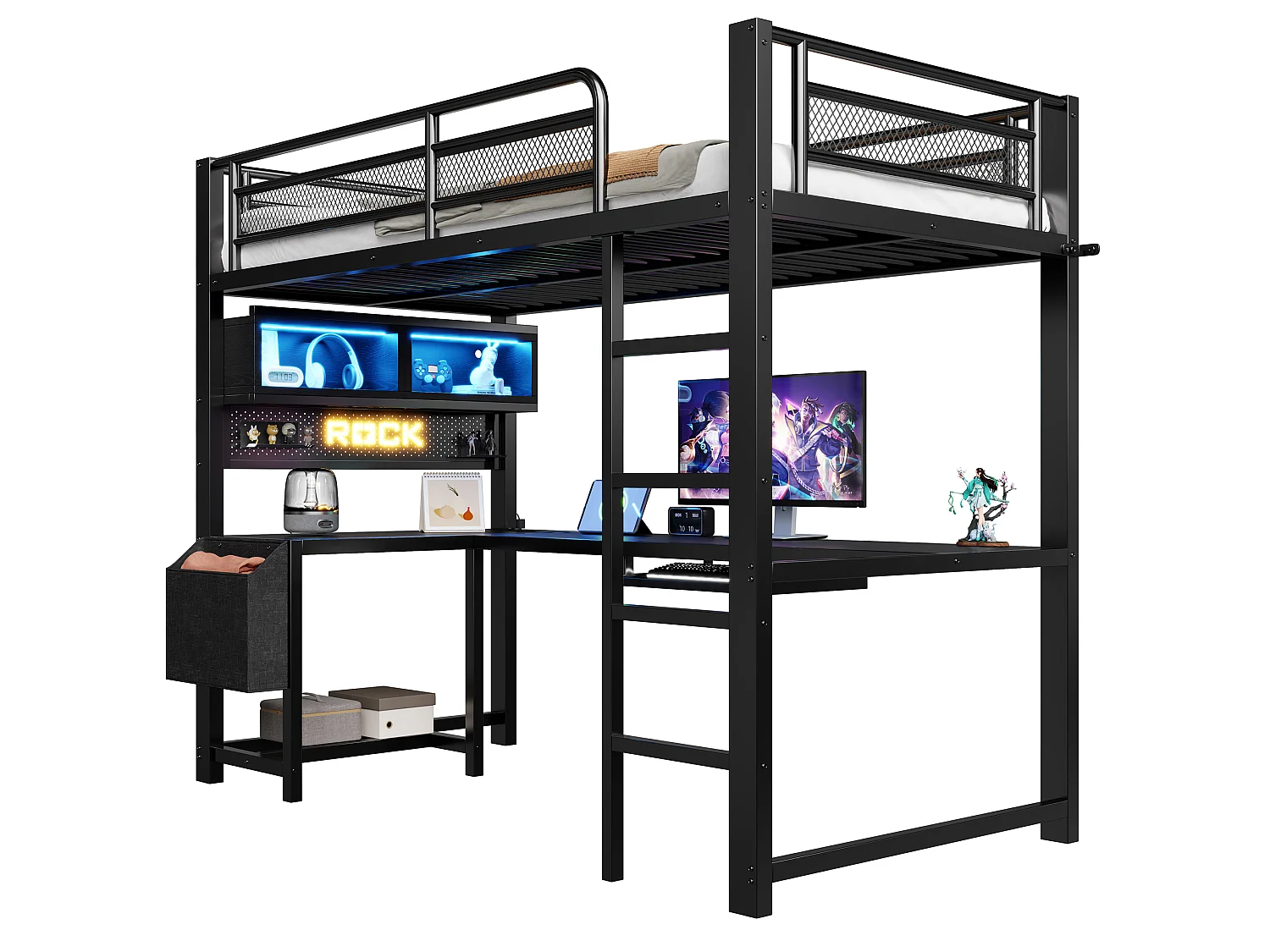 90 x 200 cm loft bed with corner desk, storage, LED lighting, sockets and USB ports - MDF and metal - Black (mattress not included)