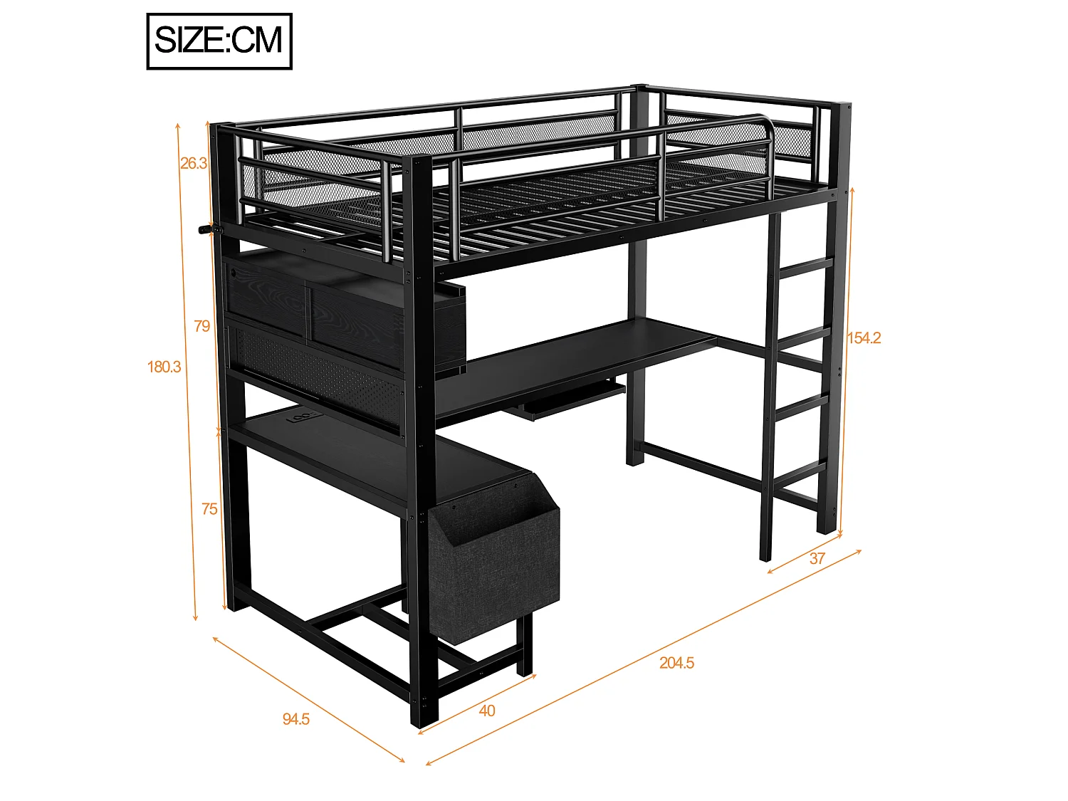 90 x 200 cm loft bed with corner desk, storage, LED lighting, sockets and USB ports - MDF and metal - Black (mattress not included)