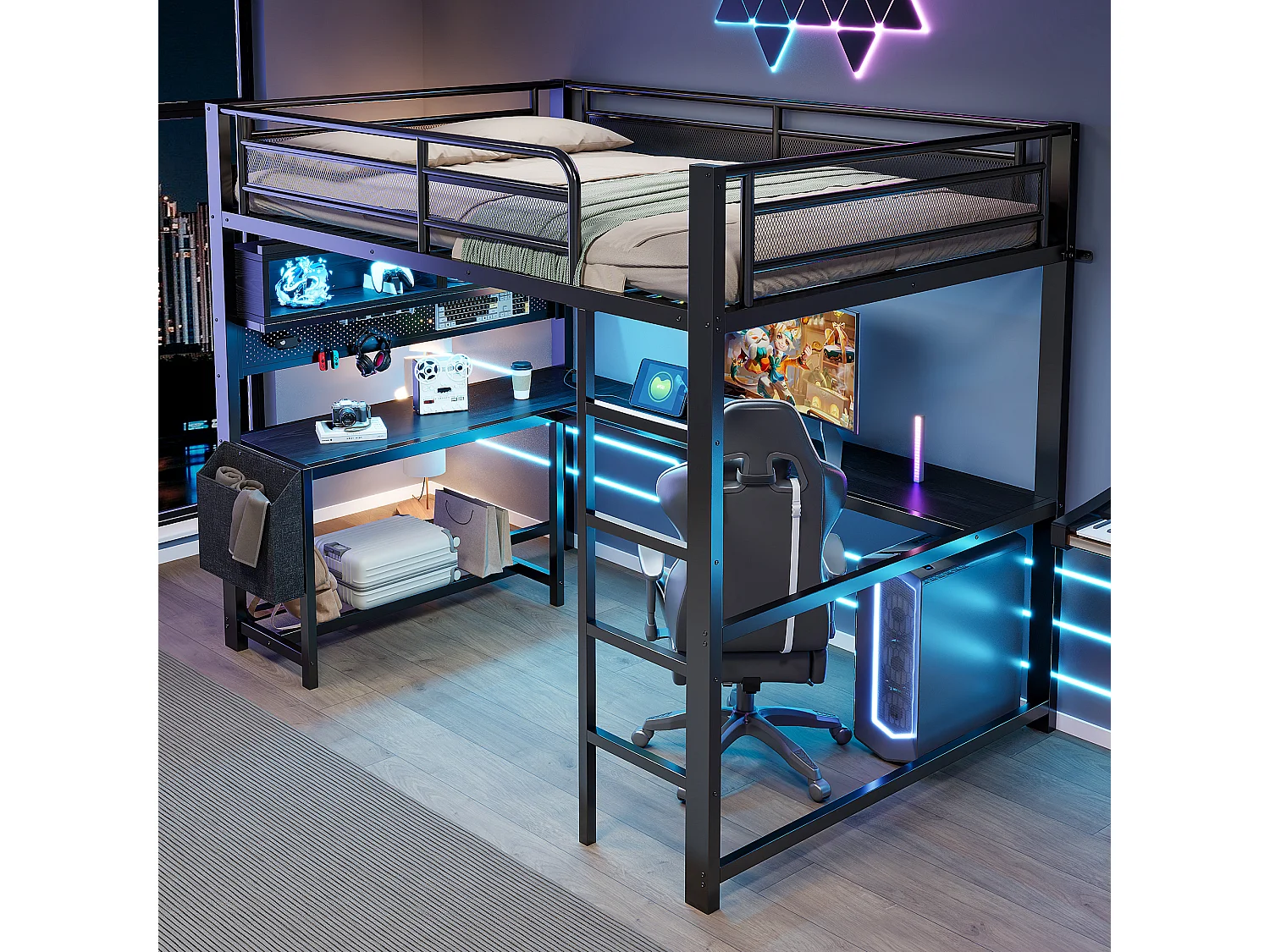 Lit mezzanine 140 x 200 cm avec bureau d'angle, rangements, LED, prises et ports USB - MDF et métal - Noir (sans matelas)