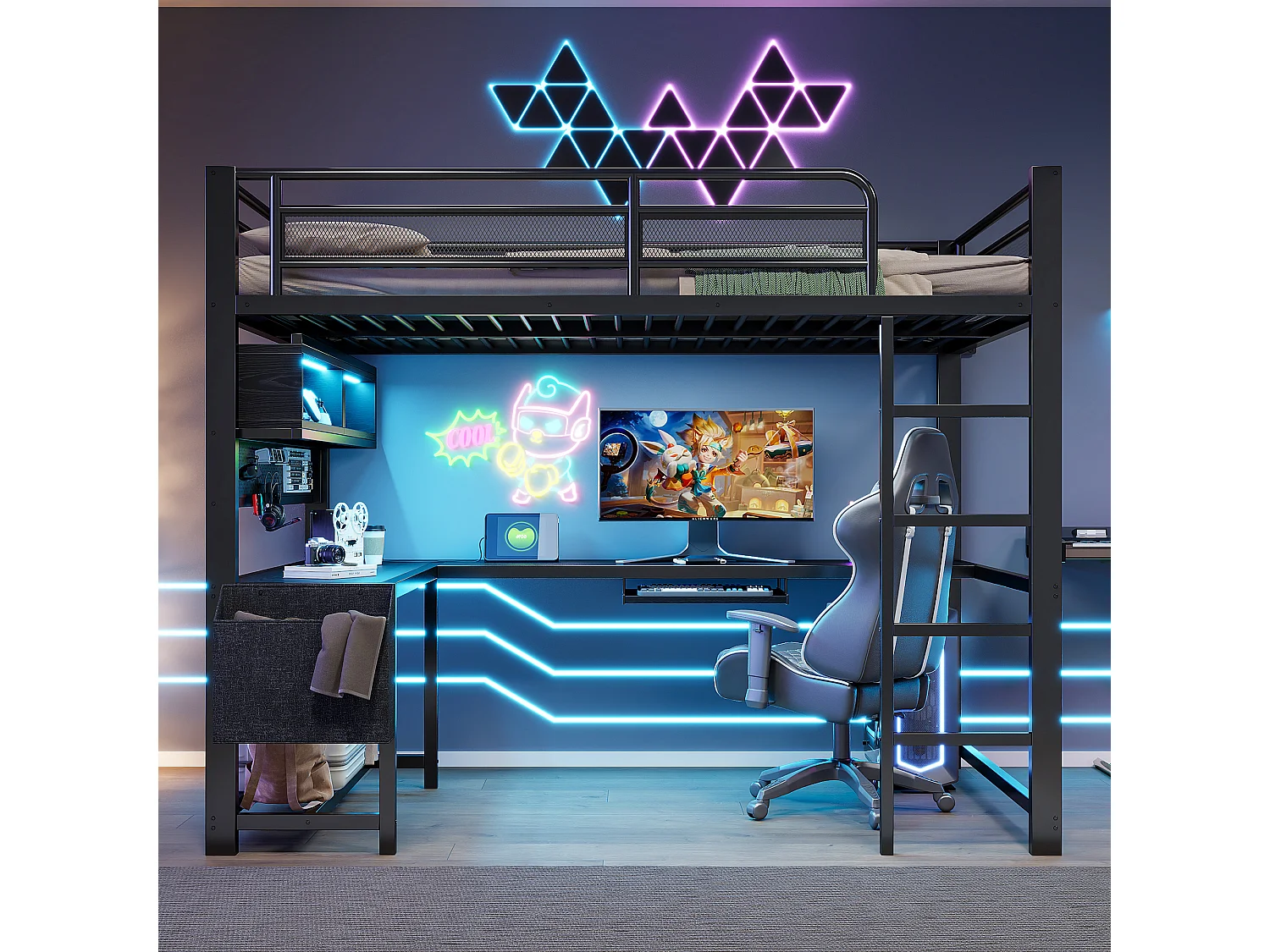 Lit mezzanine 140 x 200 cm avec bureau d'angle, rangements, LED, prises et ports USB - MDF et métal - Noir (sans matelas)