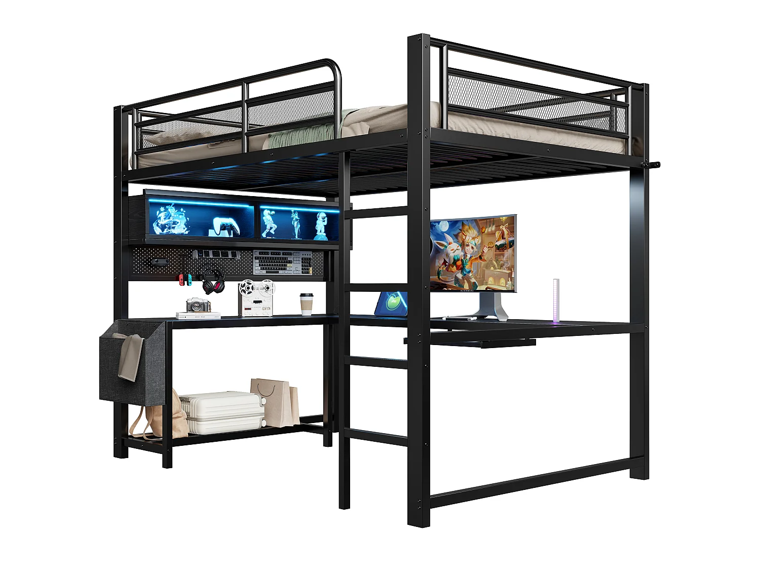 Lit mezzanine 140 x 200 cm avec bureau d'angle, rangements, LED, prises et ports USB - MDF et métal - Noir (sans matelas)