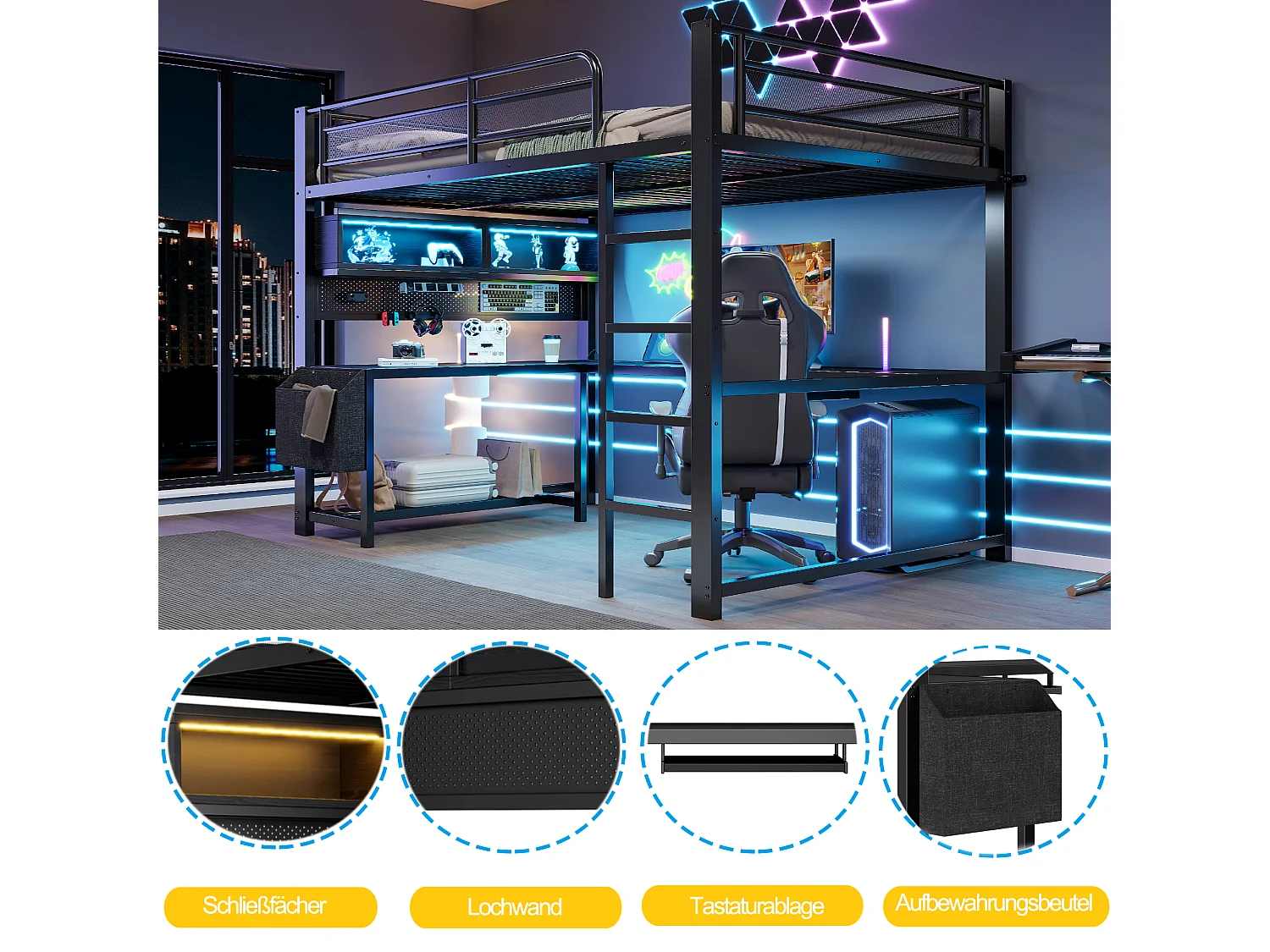 Lit mezzanine 140 x 200 cm avec bureau d'angle, rangements, LED, prises et ports USB - MDF et métal - Noir (sans matelas)