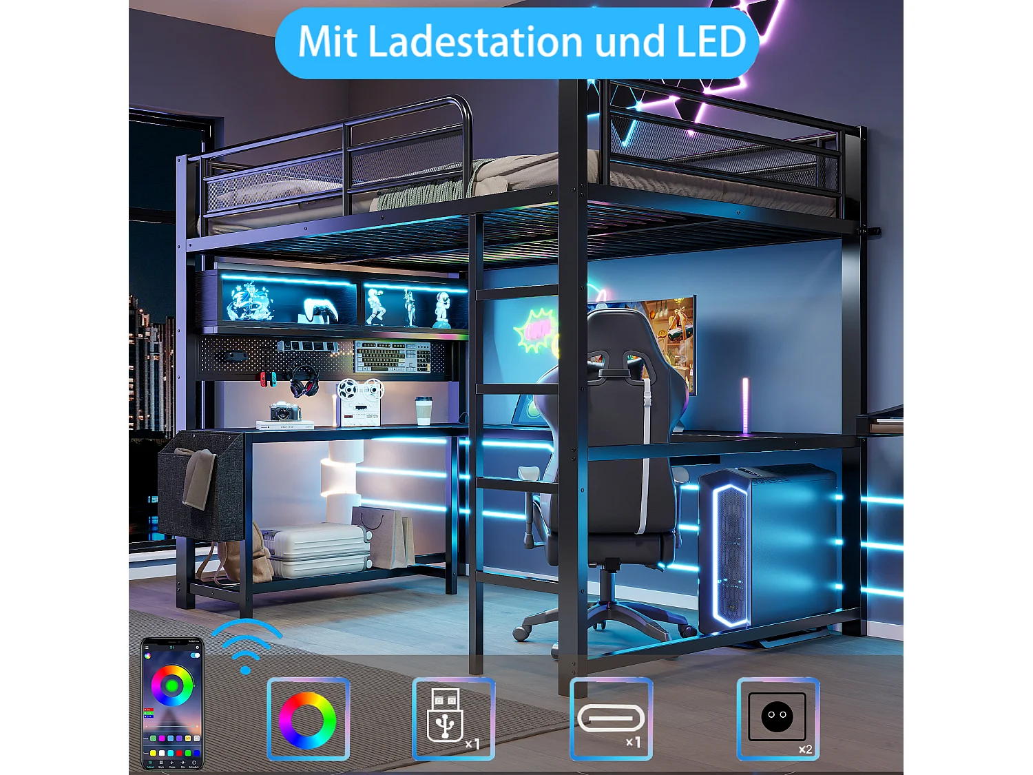 Lit mezzanine 140 x 200 cm avec bureau d'angle, rangements, LED, prises et ports USB - MDF et métal - Noir (sans matelas)