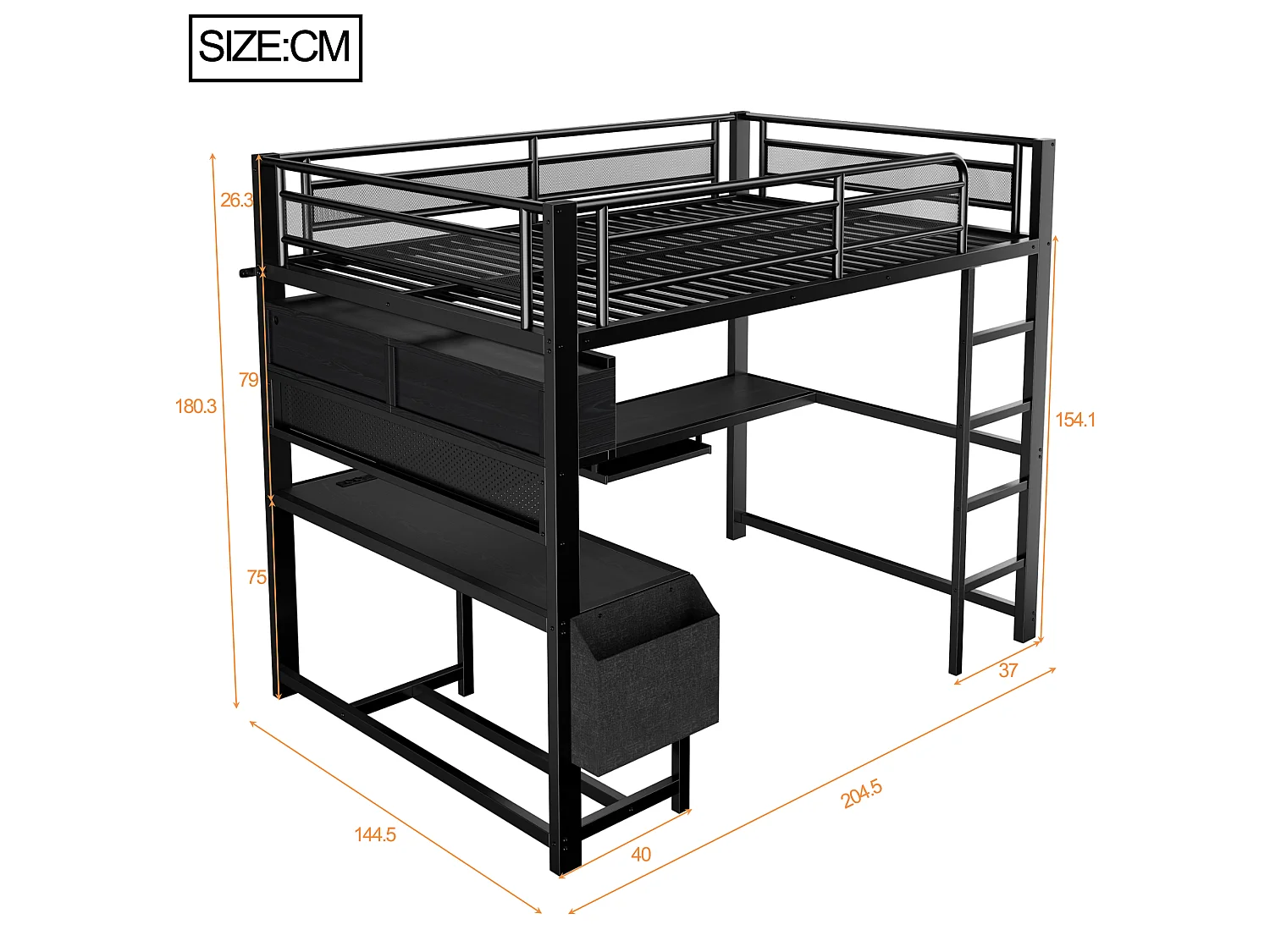 Lit mezzanine 140 x 200 cm avec bureau d'angle, rangements, LED, prises et ports USB - MDF et métal - Noir (sans matelas)