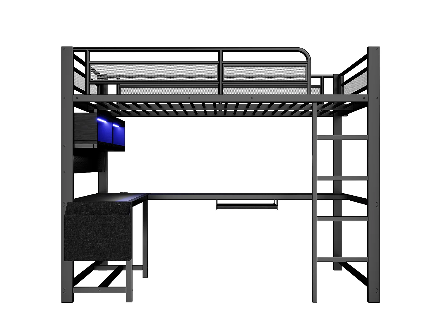 Lit mezzanine 140 x 200 cm avec bureau d'angle, rangements, LED, prises et ports USB - MDF et métal - Noir (sans matelas)
