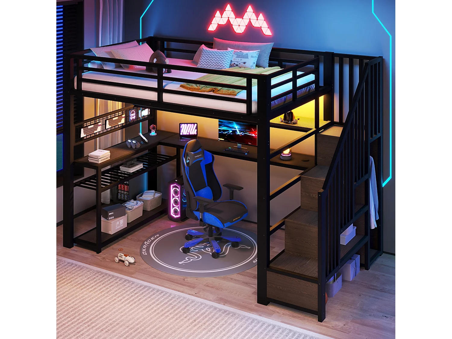 Lit mezzanine gaming en métal 90x200 avec éclairage LED - armoire - bureau et rangements - noir - 90 x 200 cm - Noir