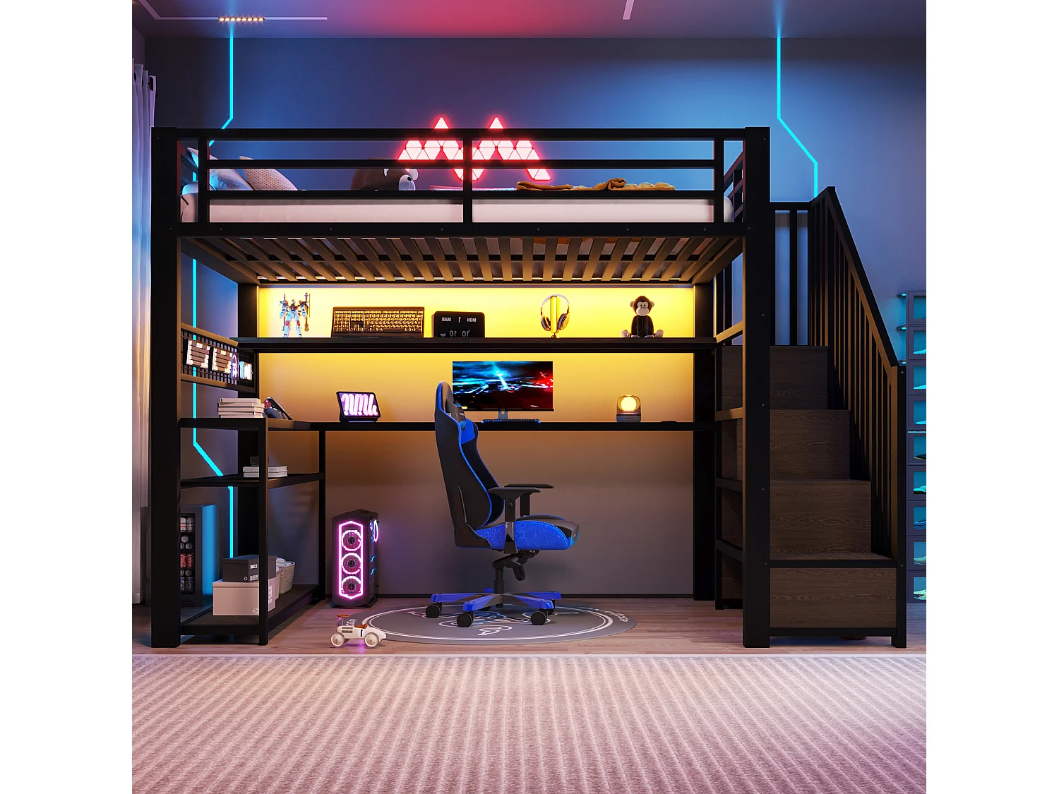 Lit mezzanine gaming en métal 90x200 avec éclairage LED - armoire - bureau et rangements - noir - 90 x 200 cm - Noir