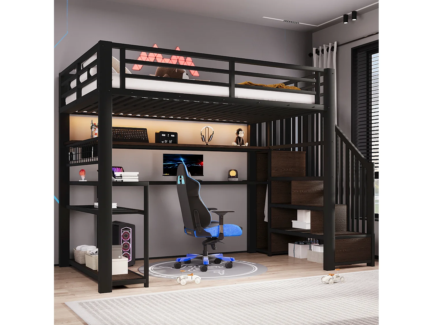 Lit mezzanine gaming en métal 90x200 avec éclairage LED - armoire - bureau et rangements - noir - 90 x 200 cm - Noir