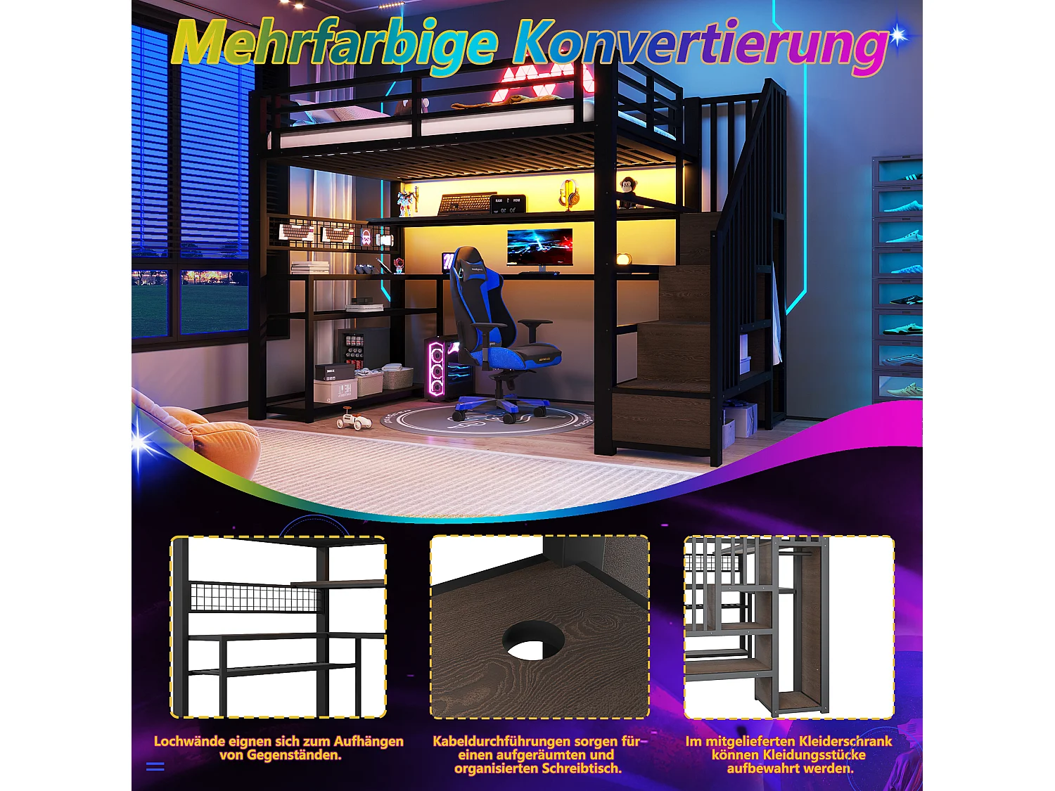 Lit mezzanine gaming en métal 90x200 avec éclairage LED - armoire - bureau et rangements - noir - 90 x 200 cm - Noir