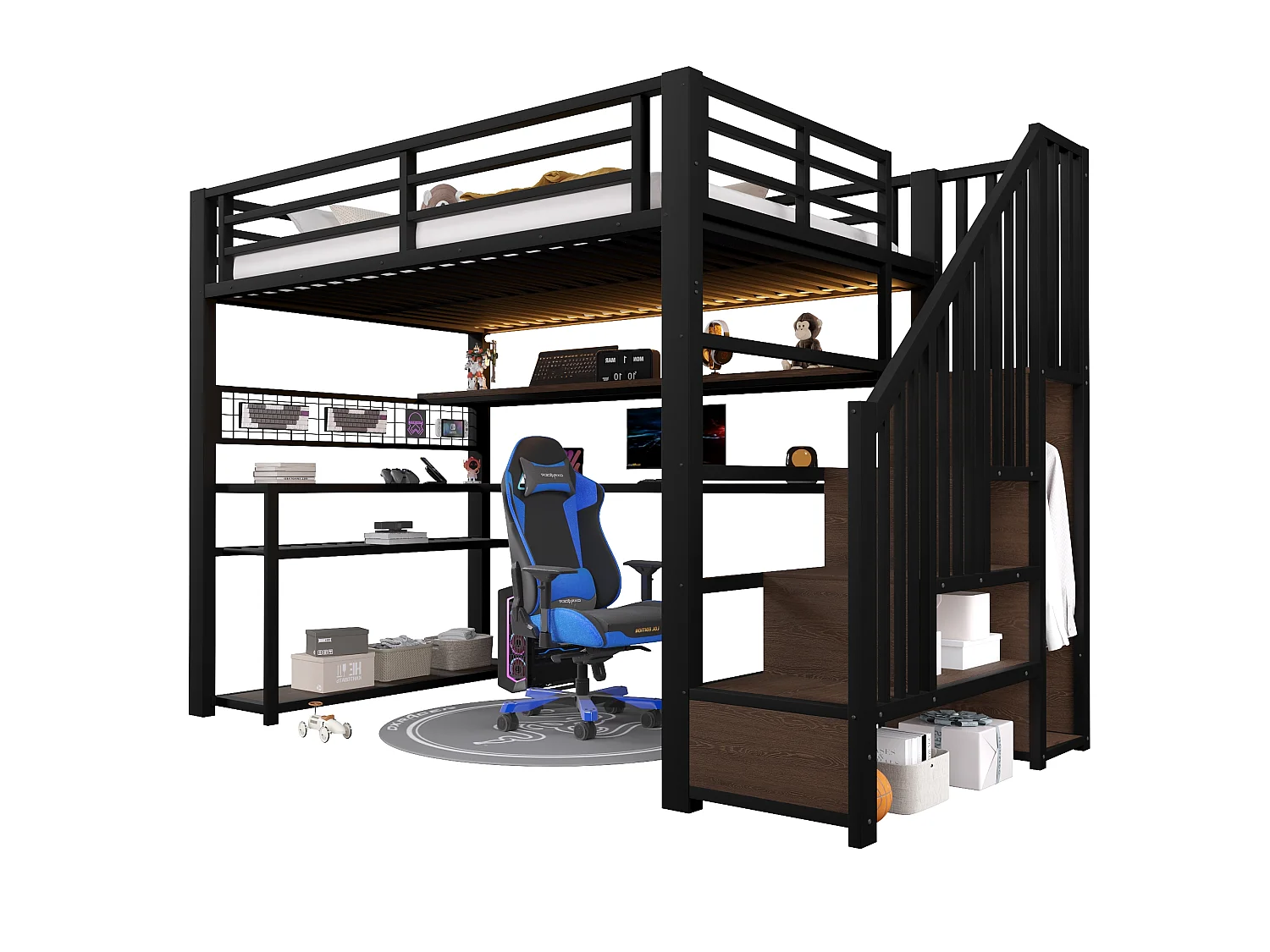 Lit mezzanine gaming en métal 90x200 avec éclairage LED - armoire - bureau et rangements - noir - 90 x 200 cm - Noir