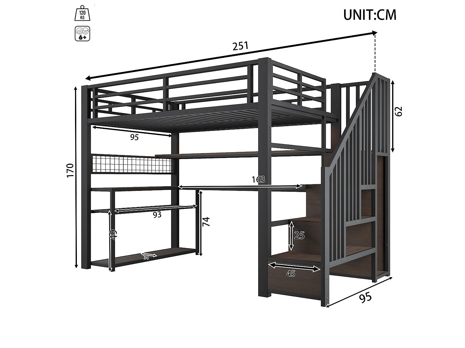 Lit mezzanine gaming en métal 90x200 avec éclairage LED - armoire - bureau et rangements - noir - 90 x 200 cm - Noir