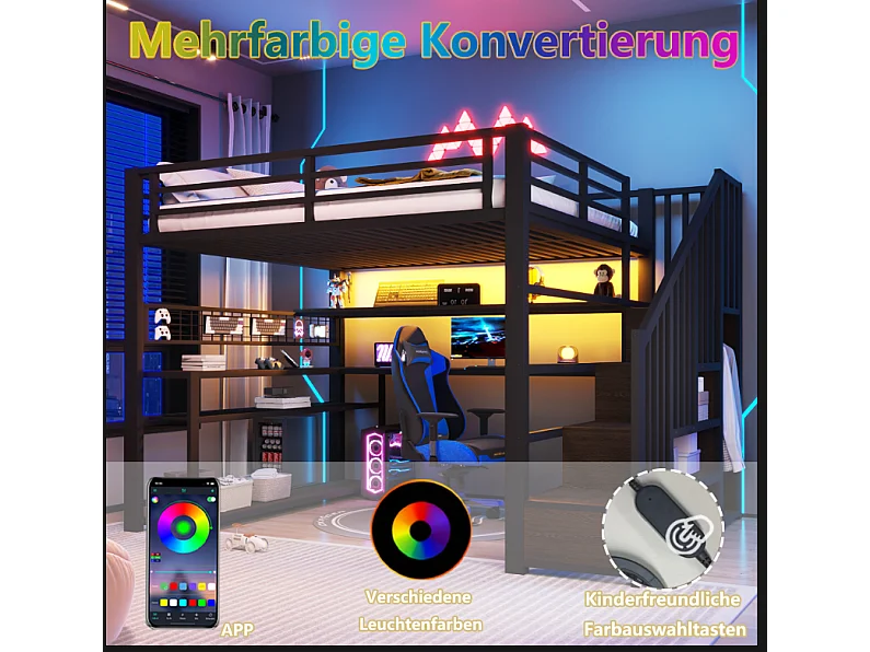 Lit mezzanine gaming en métal 90x200 avec éclairage LED - armoire - bureau et rangements - noir - 90 x 200 cm - Noir