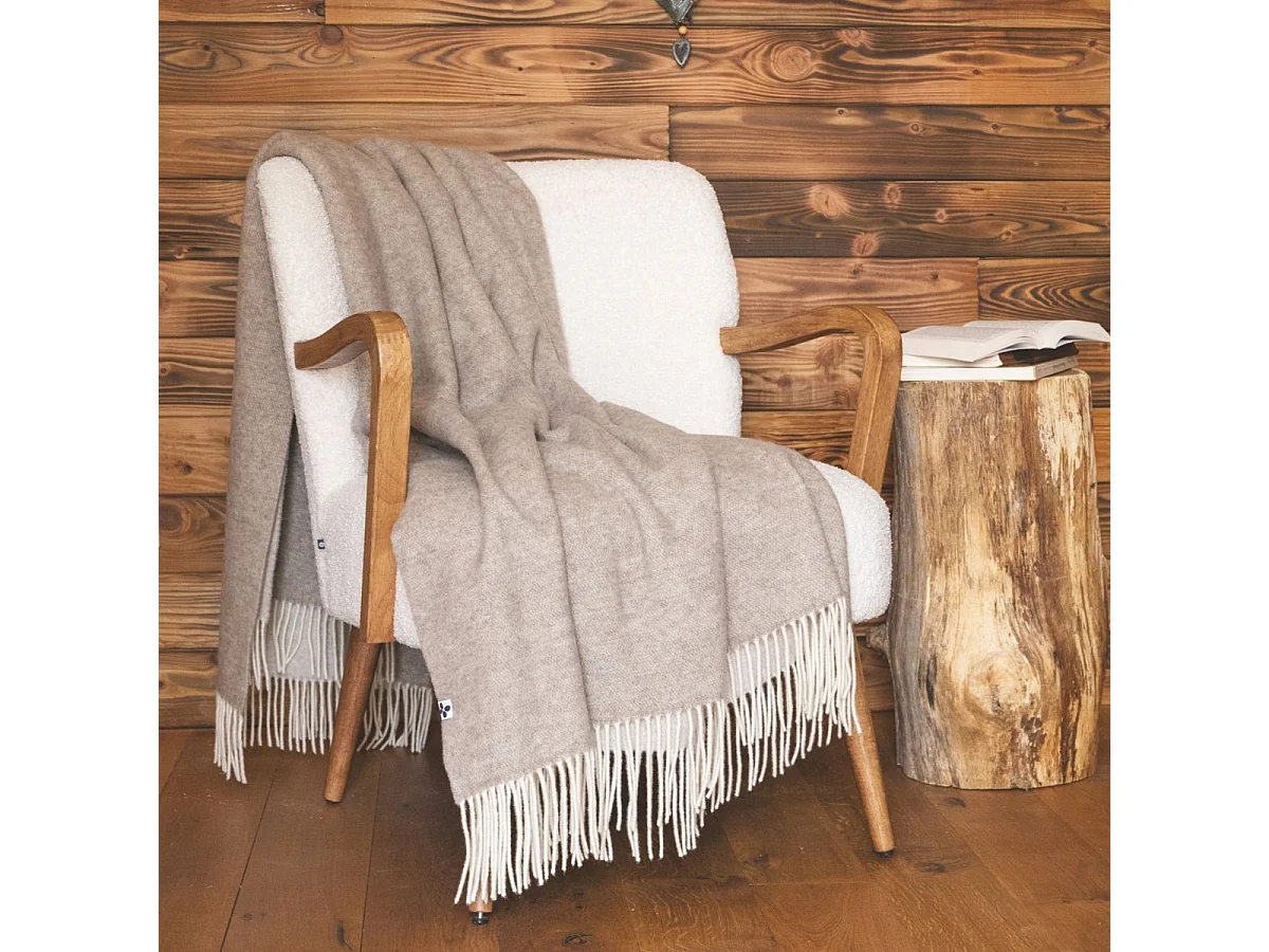 Plaid à franges 140x200cm en laine et cachemire beige uni - PACOME