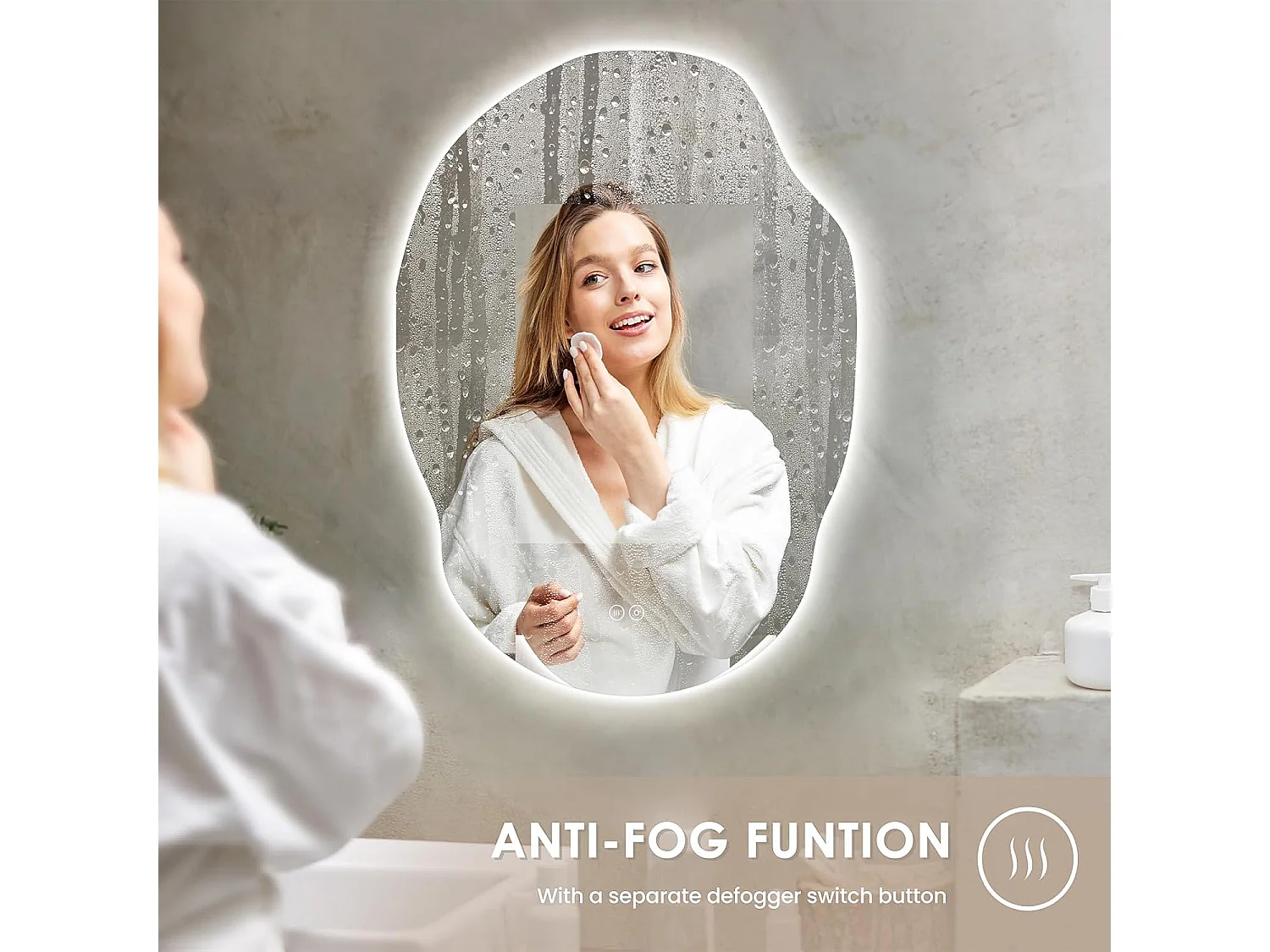 Dripex Specchio da bagno 65 x 91 cm, specchio asimmetrico con illuminazione LED, interruttore touch, luce regolabile a 3 colori, funzione antiappannamento e memoria