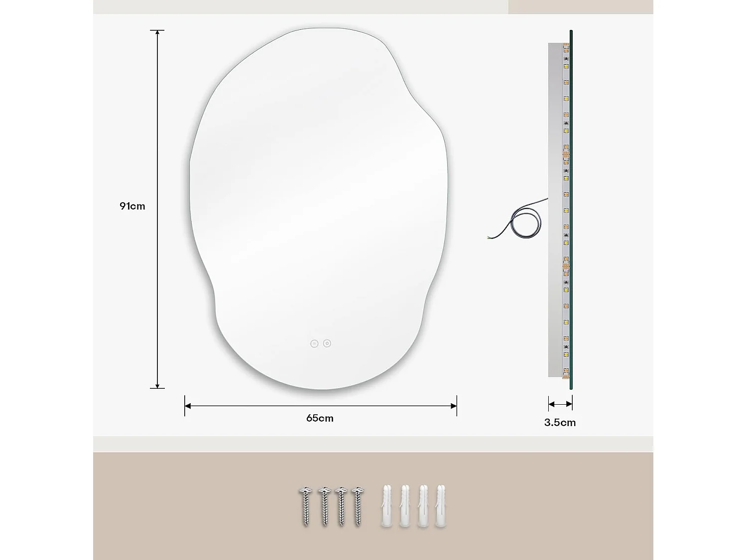 Dripex Specchio da bagno 65 x 91 cm, specchio asimmetrico con illuminazione LED, interruttore touch, luce regolabile a 3 colori, funzione antiappannamento e memoria