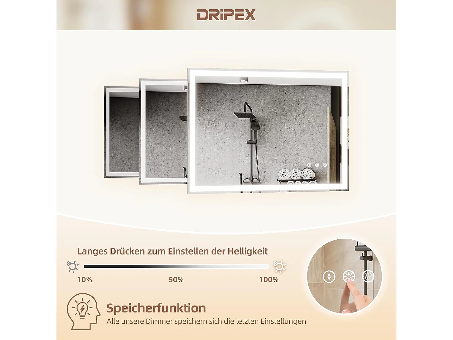 Dripex Badkamerspiegel met verlichting 70x50 cm, dimbare wandspiegel met verlichting, 3 lichtkleuren, geheugenfunctie en touchschakelaar