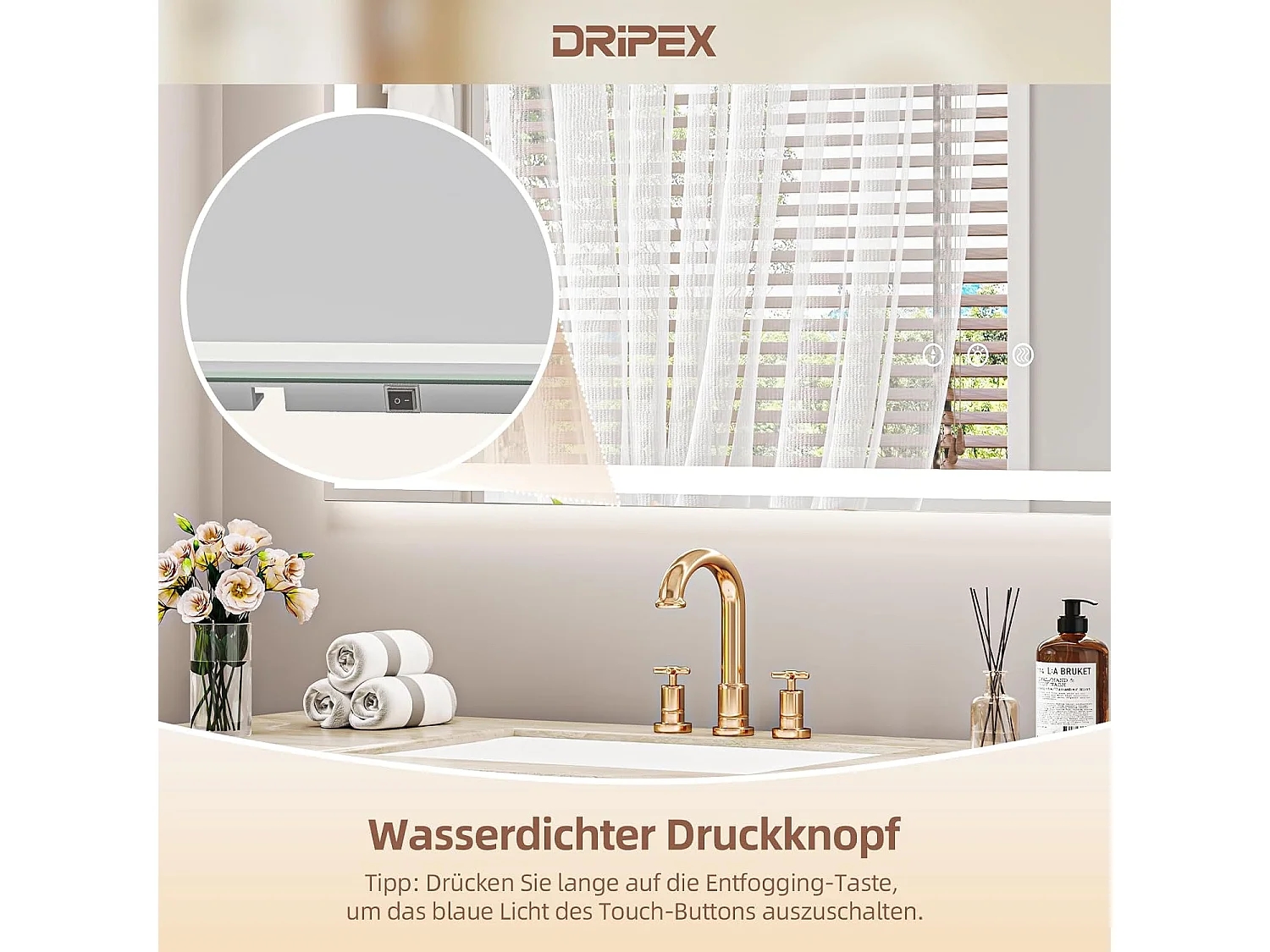 Dripex Badkamerspiegel met verlichting 70x50 cm, dimbare wandspiegel met verlichting, 3 lichtkleuren, geheugenfunctie en touchschakelaar