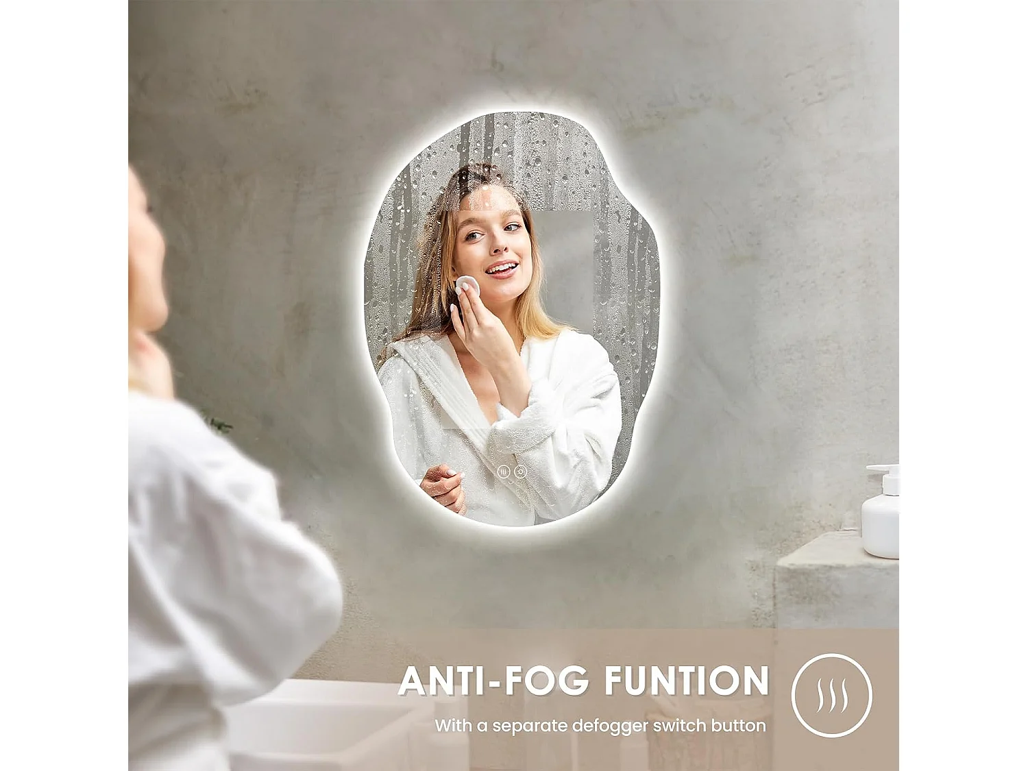 Dripex Specchio da bagno 50 x 70 cm, specchio asimmetrico con illuminazione LED, interruttore touch, luce regolabile a 3 colori, funzione antiappannamento e memoria