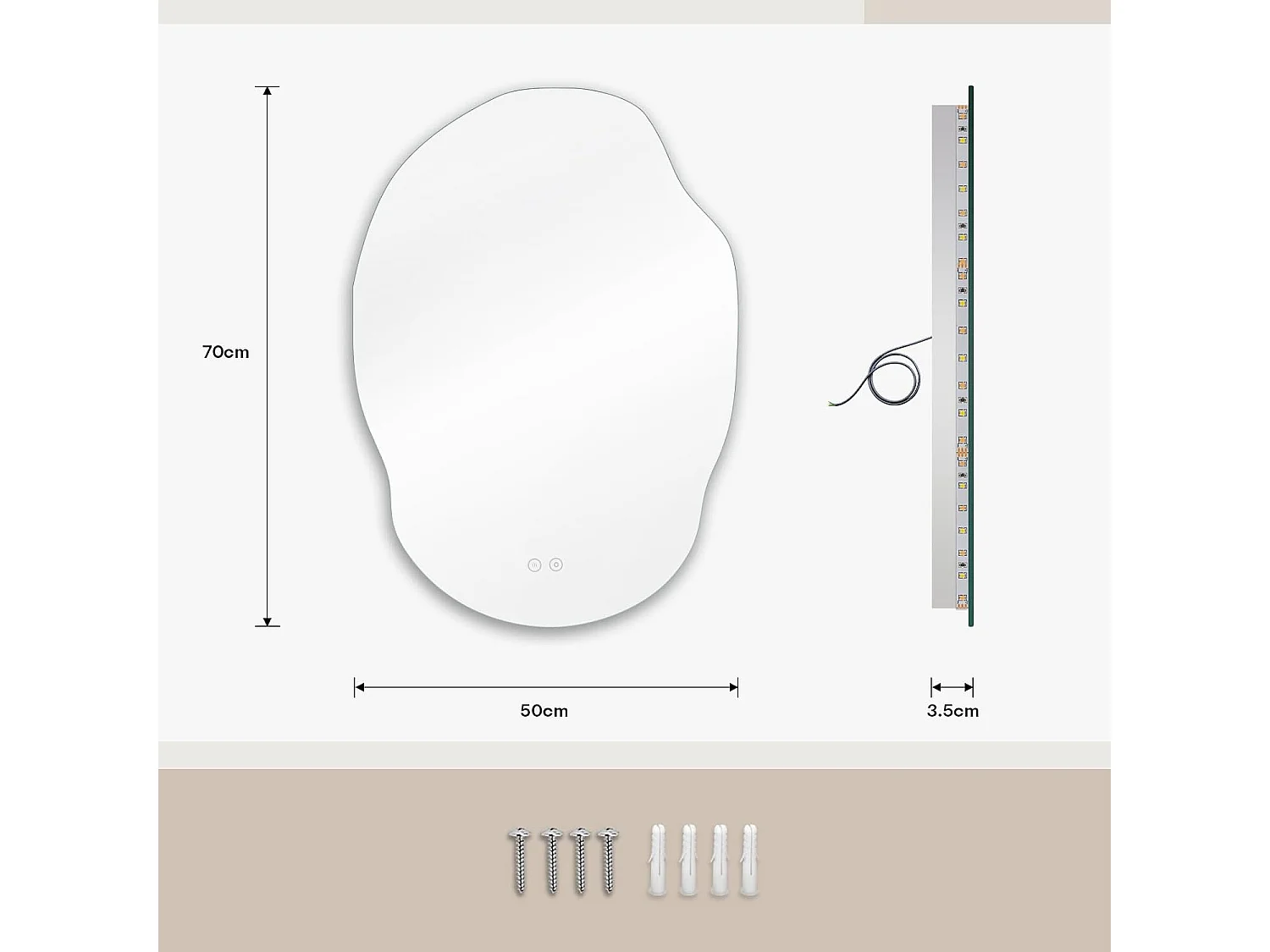 Dripex Specchio da bagno 50 x 70 cm, specchio asimmetrico con illuminazione LED, interruttore touch, luce regolabile a 3 colori, funzione antiappannamento e memoria