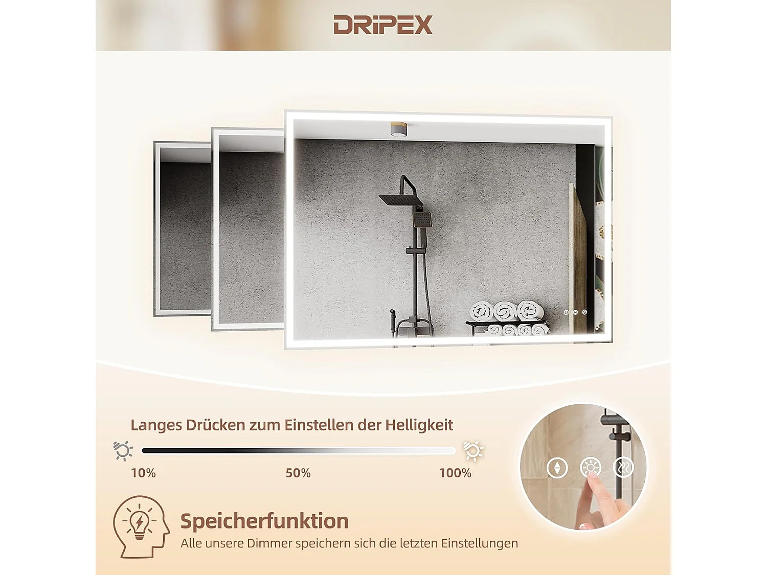 Dripex Badkamerspiegel met verlichting 100x80 cm, dimbare wandspiegel met verlichting, 3 lichtkleuren, geheugenfunctie en touchschakelaar