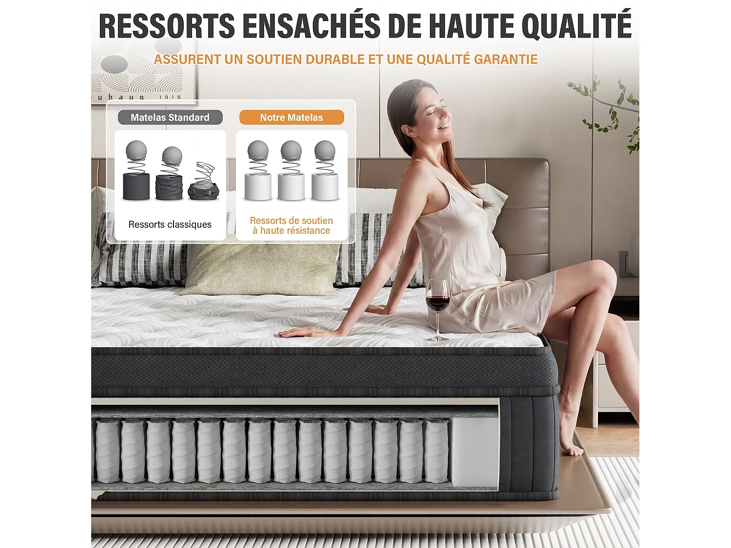 Ensemble Matelas Ressorts et Sommier 160x200, Mémoire De Forme, Ep:30cm