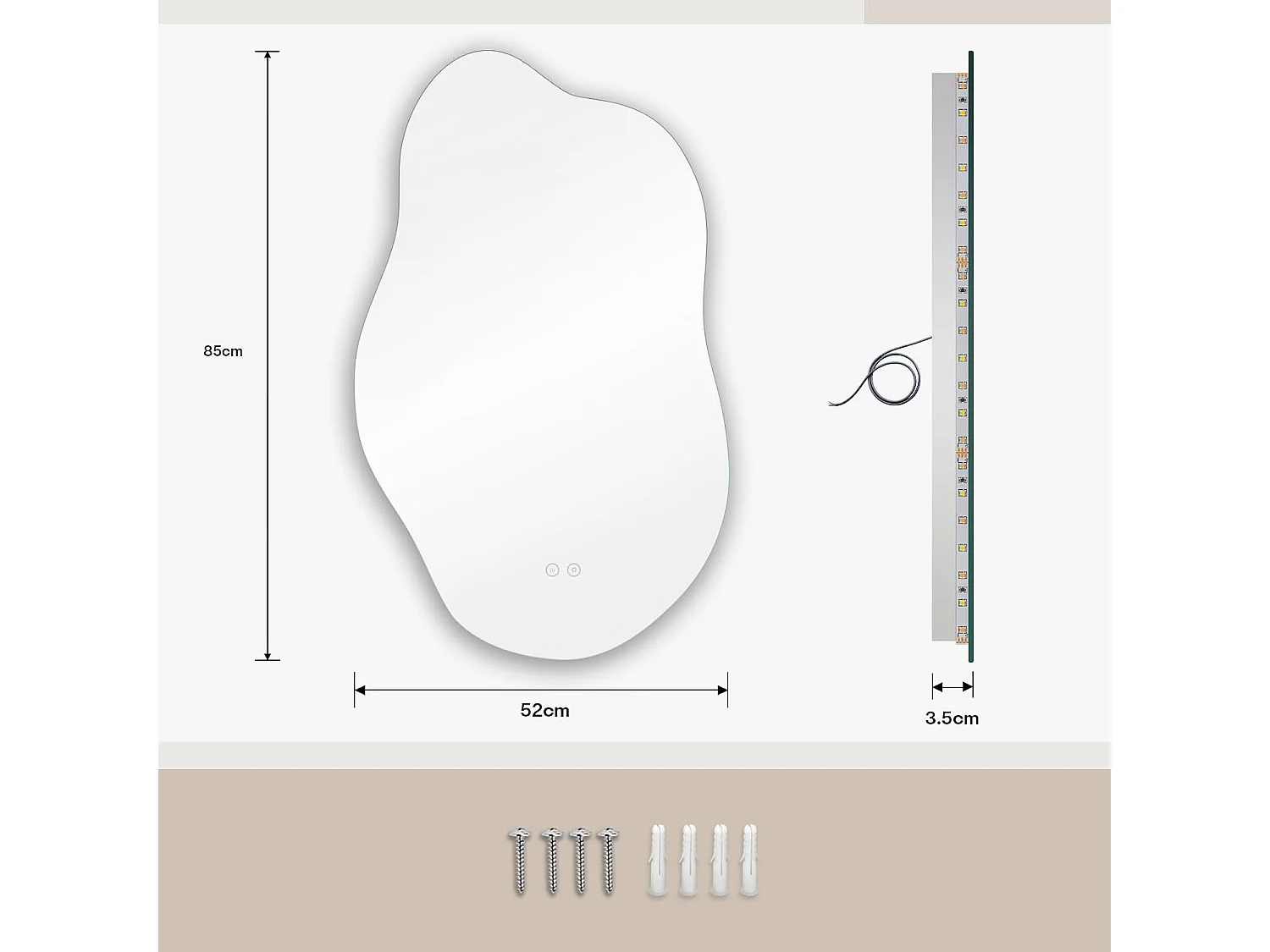 Dripex Miroir Salle de Bain 52 x 85cm, Miroir Asymétrique Salle de Bain avec éclairage LED, Interrupteur Tactile, Lumière Réglable 3 Couleurs, Anti-buée, Mémoire