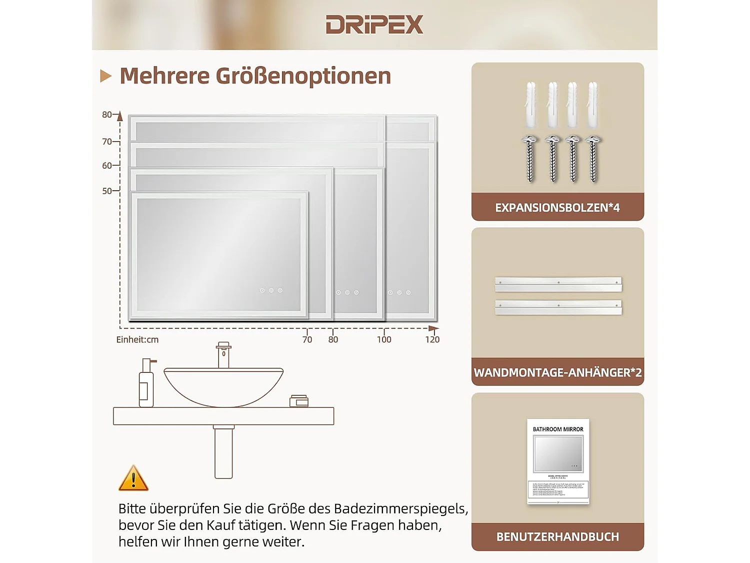 Dripex Badkamerspiegel met verlichting 100x60 cm, dimbare wandspiegel met verlichting, 3 lichtkleuren, geheugenfunctie en touchschakelaar