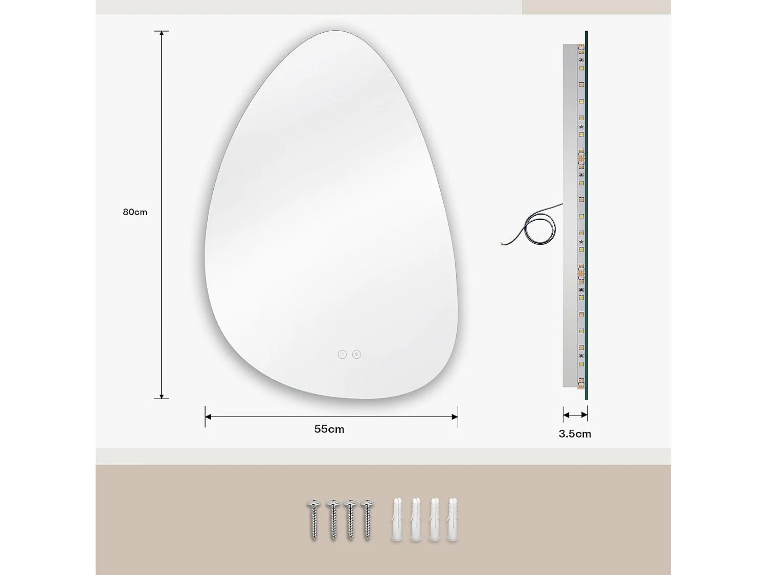 Dripex Badkamerspiegel 80 x 55 cm, Asymmetrische badkamerspiegel met LED-verlichting, Touch-schakelaar, 3 instelbare lichtkleuren, Anti-condens, Geheugenfunctie