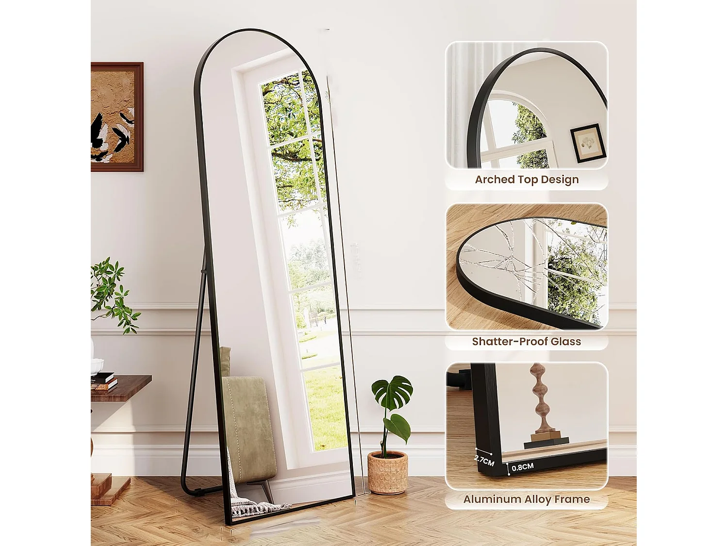 Dripex Miroir sur Pied Arqué, Grand Miroir Mural avec Cadre en Aluminium 150x40cm, Miroir en Pied Penché ou Suspendu pour Salon, Chambre, Salon, Entrée-Noir