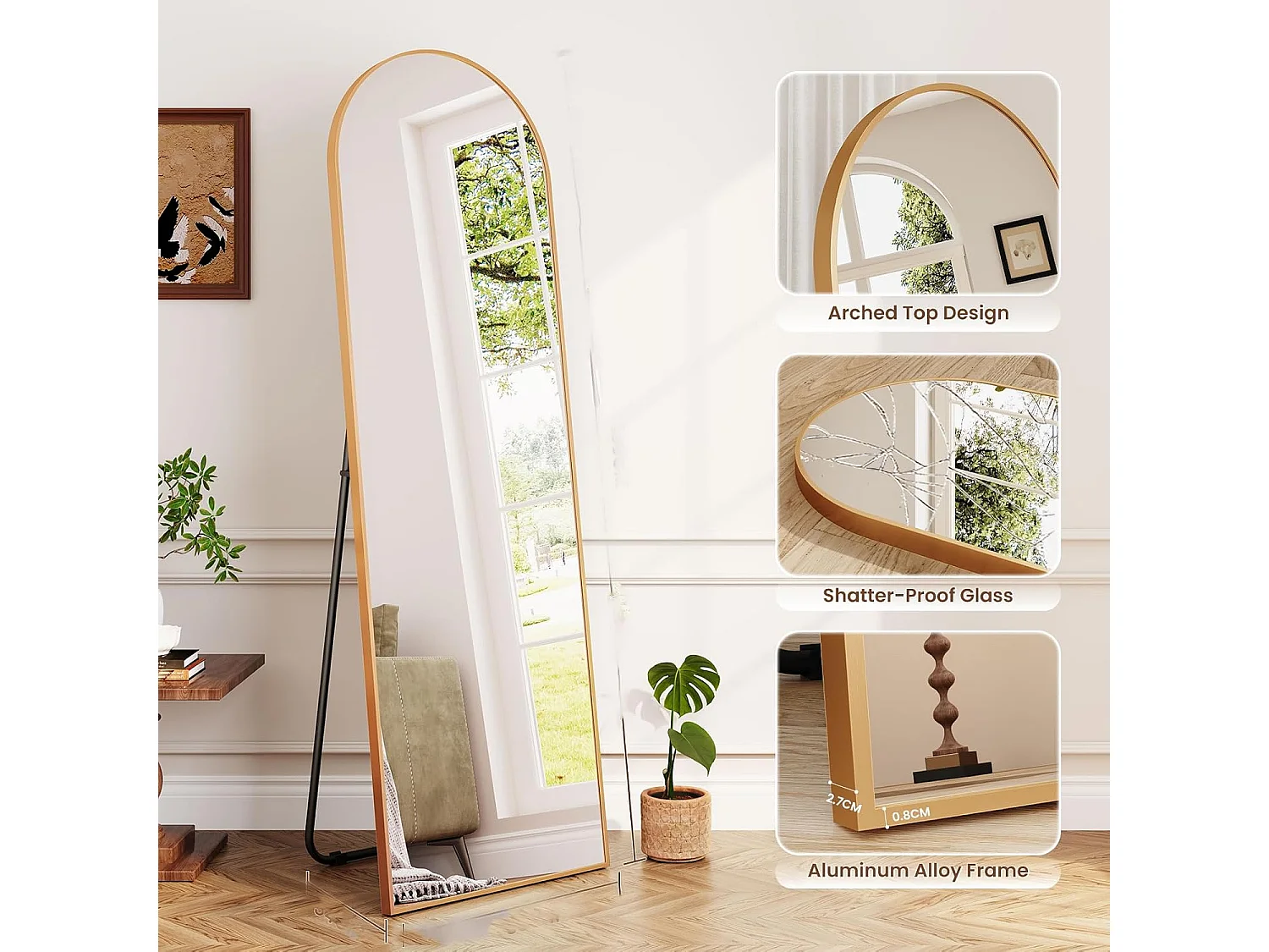 Dripex Miroir sur Pied Arqué, Grand Miroir Mural avec Cadre en Aluminium 150x40cm, Miroir en Pied Penché ou Suspendu pour Salon, Chambre, Salon, Entrée-Or