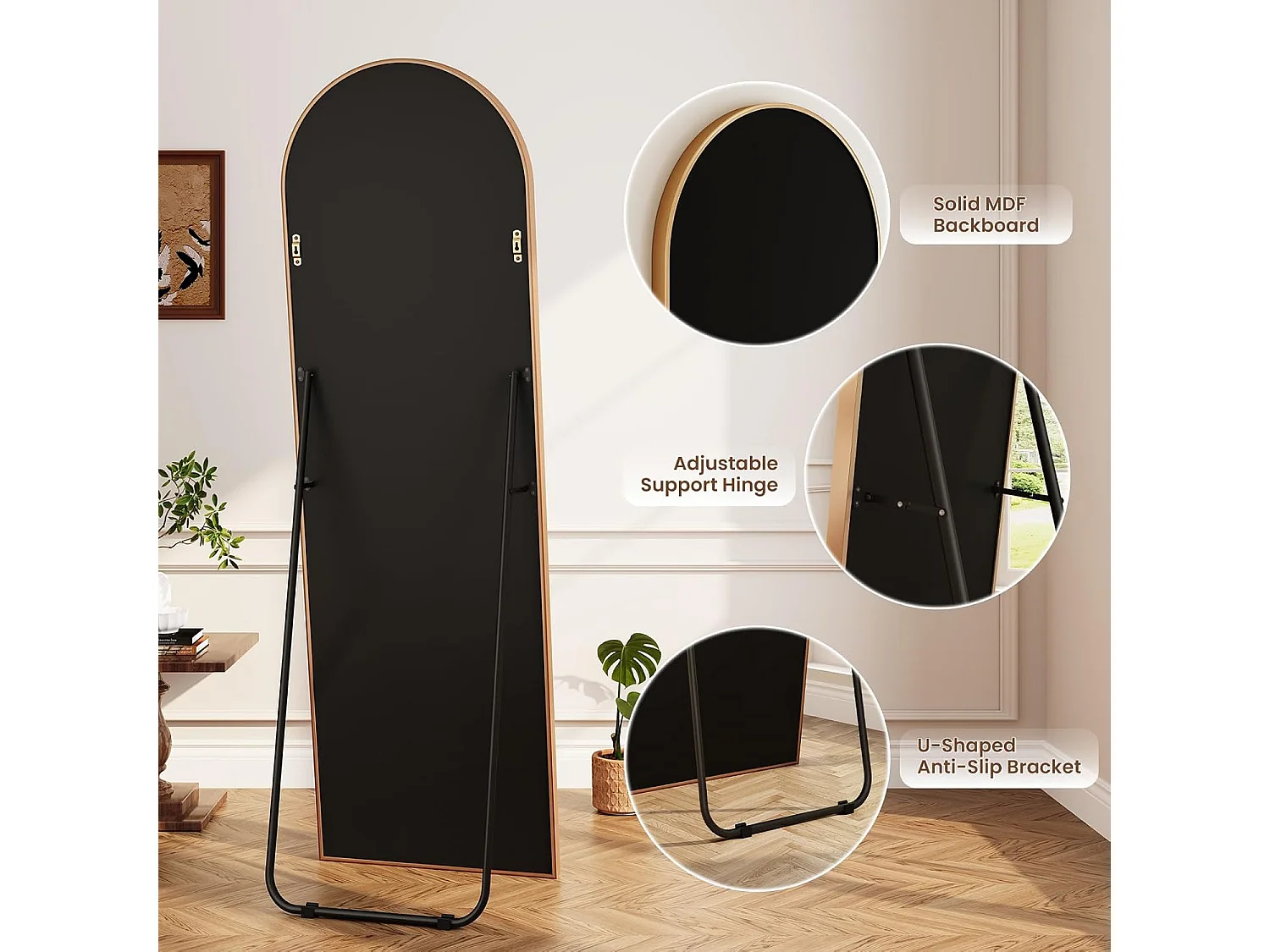 Dripex Miroir sur Pied Arqué, Grand Miroir Mural avec Cadre en Aluminium 150x40cm, Miroir en Pied Penché ou Suspendu pour Salon, Chambre, Salon, Entrée-Or