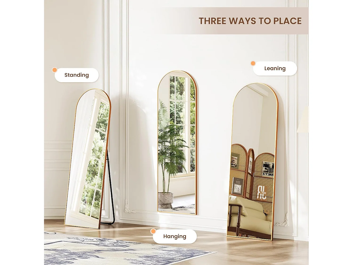 Dripex Miroir sur Pied Arqué, Grand Miroir Mural avec Cadre en Aluminium 150x40cm, Miroir en Pied Penché ou Suspendu pour Salon, Chambre, Salon, Entrée-Or