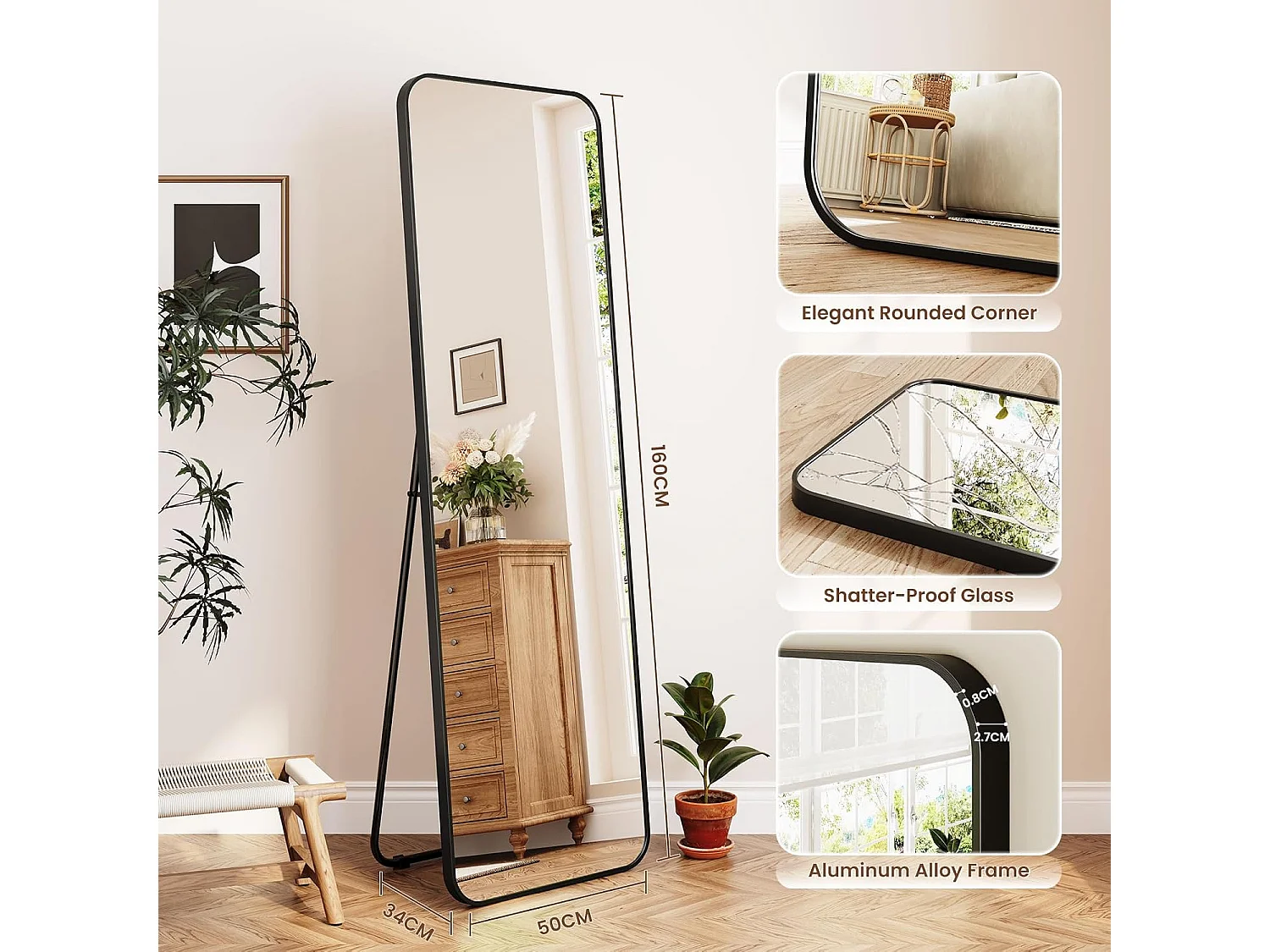 Dripex Grand Miroir 150×40cm avec Coins Arrondis, Miroir sur Pied ou Suspendu avec Cadre en Alliage d'Aluminium Idéal pour Dressing, Chambre à Coucher, Salon-Noir