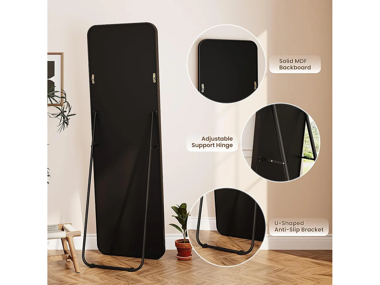 Dripex Grand Miroir 150×40cm avec Coins Arrondis, Miroir sur Pied ou Suspendu avec Cadre en Alliage d'Aluminium Idéal pour Dressing, Chambre à Coucher, Salon-Noir