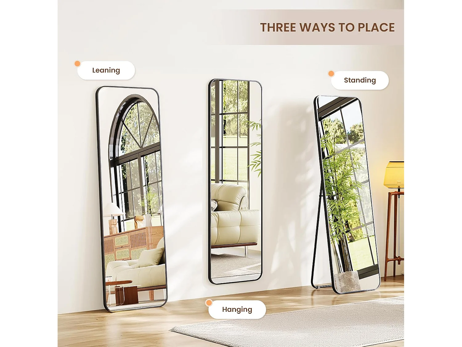 Dripex Grand Miroir 150×40cm avec Coins Arrondis, Miroir sur Pied ou Suspendu avec Cadre en Alliage d'Aluminium Idéal pour Dressing, Chambre à Coucher, Salon-Noir