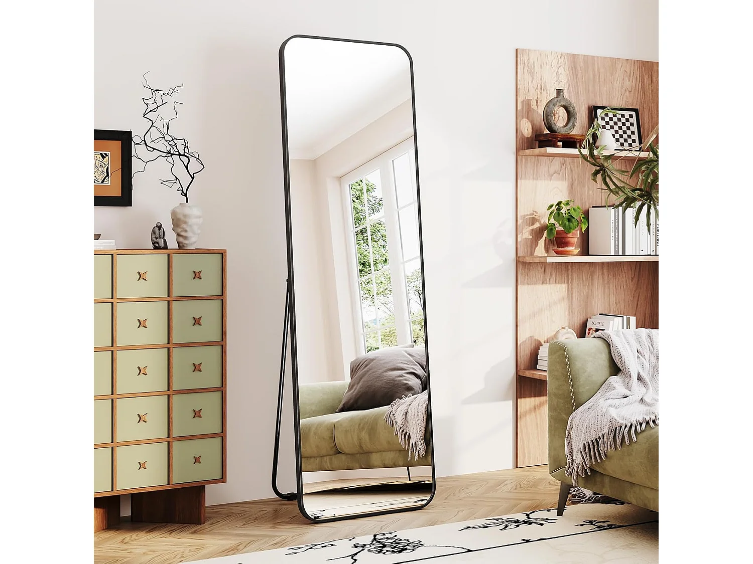 Dripex Grand Miroir 150×40cm avec Coins Arrondis, Miroir sur Pied ou Suspendu avec Cadre en Alliage d'Aluminium Idéal pour Dressing, Chambre à Coucher, Salon-Noir