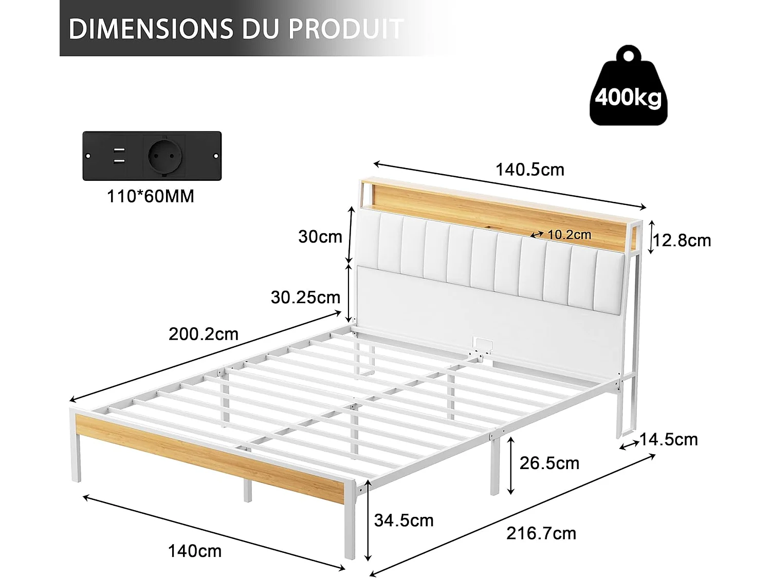 Ensemble Matelas et Sommier 140x200, Surmatelas Épaisseur 30 cm, Fermeté Moyenne, Cadre de lit avec