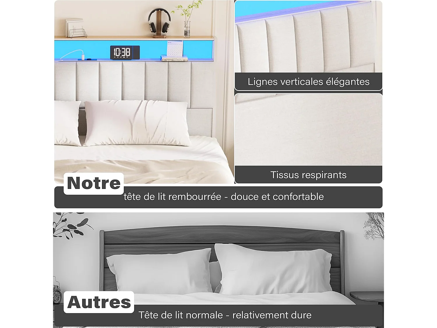 Ensemble Matelas et Sommier 140x200, Surmatelas Épaisseur 30 cm, Fermeté Moyenne, Cadre de lit avec