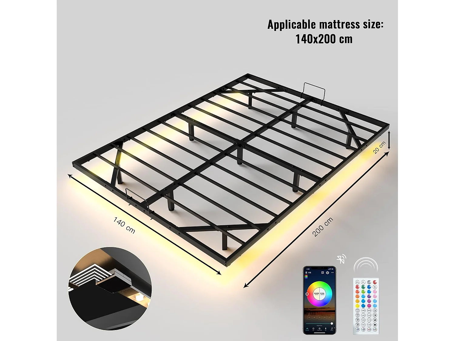 140 x 200 Matelas à mémoire de Forme et Cadre de Lit LED avec Sommier, 30 cm Épaisseur, Parfait