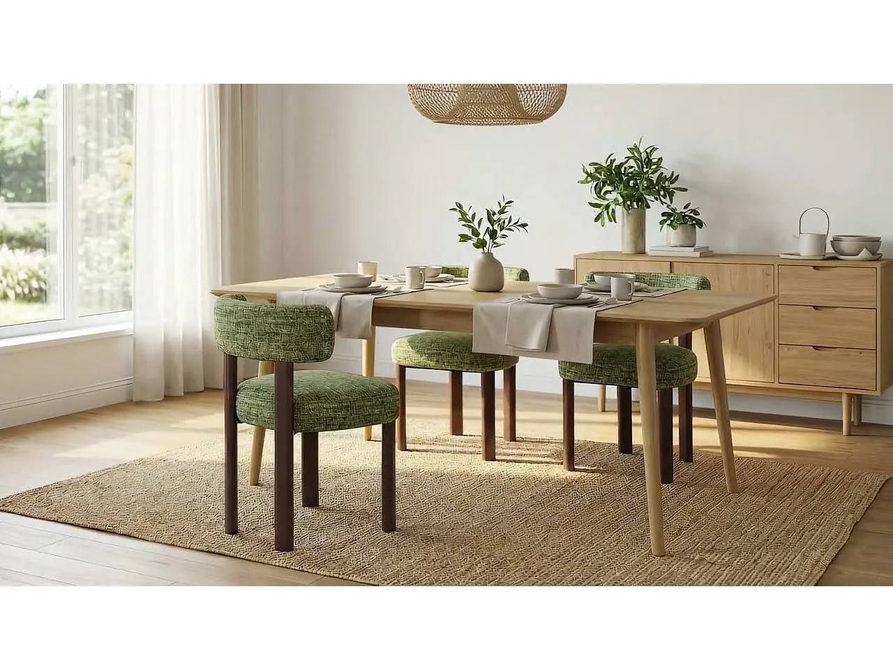 Lot de 6 chaises de salle à manger en bois massif vert, tissu bouclé, dossier incurvé