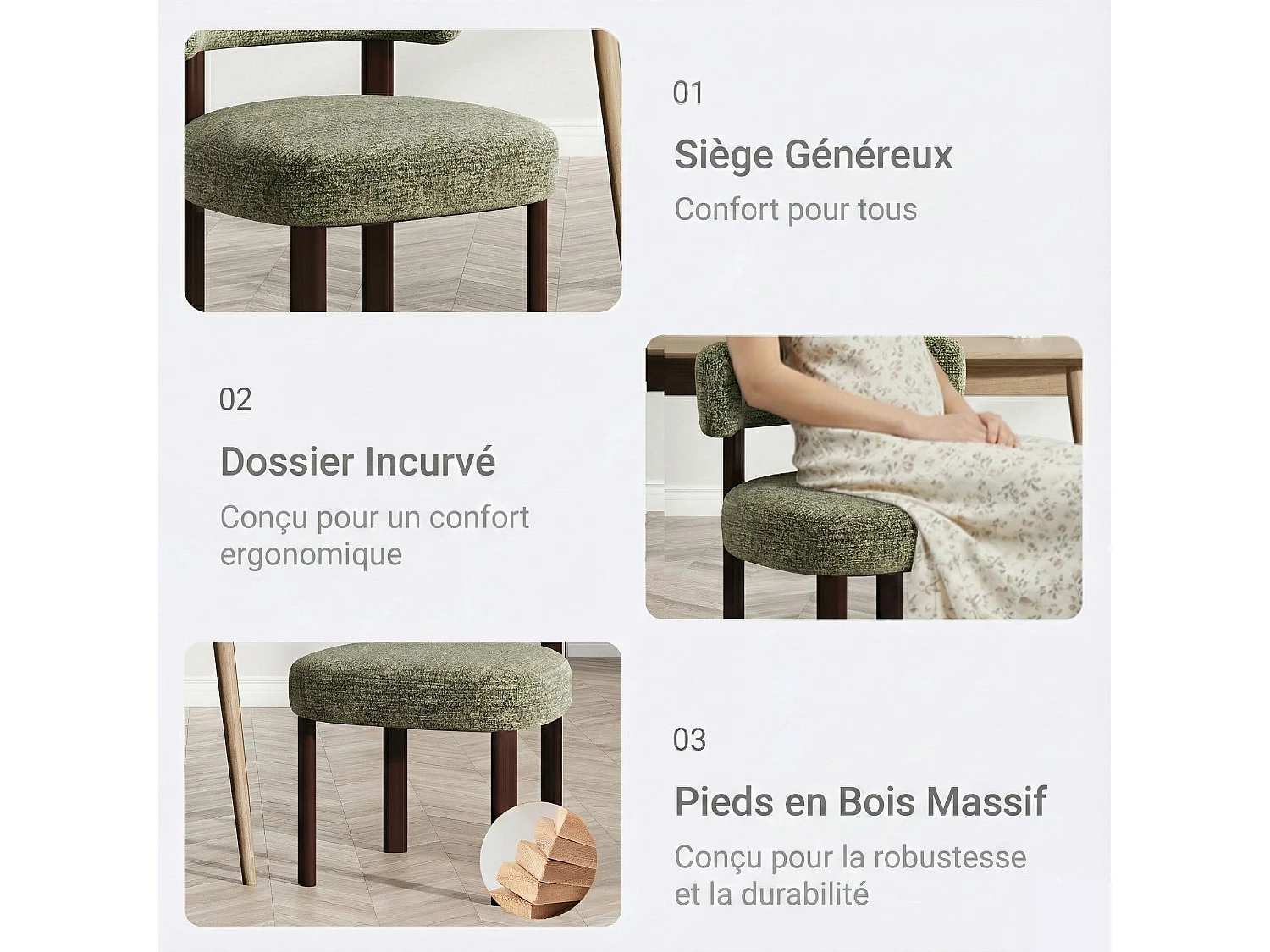 Lot de 6 chaises de salle à manger en bois massif vert, tissu bouclé, dossier incurvé