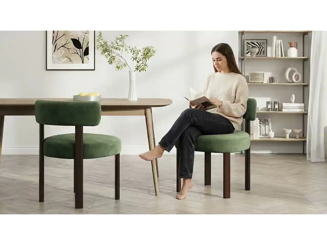 Lot de 6 chaises de salle à manger en bois massif vert, tissu velours, dossier incurvé
